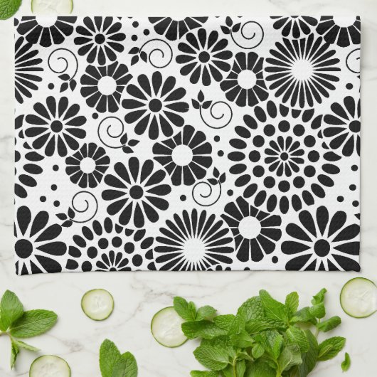 Retro zwarte witte bloemen Towel Theedoek (Gevouwen)