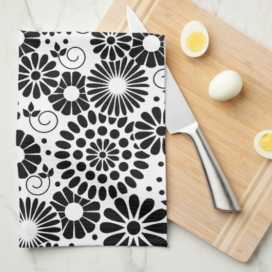 Retro zwarte witte bloemen Towel Theedoek (Quarter Fold)