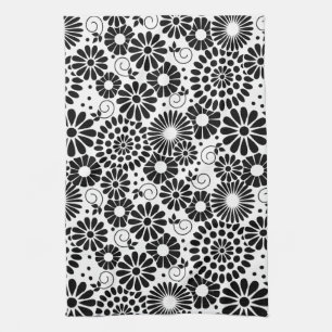 Retro zwarte witte bloemen Towel Theedoek