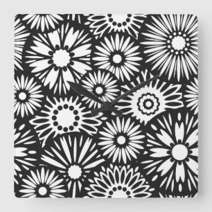Retro zwarte witte bloemen wandklok