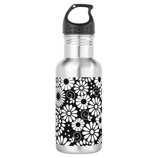 Retro zwarte witte bloemen waterfles (Voorkant)