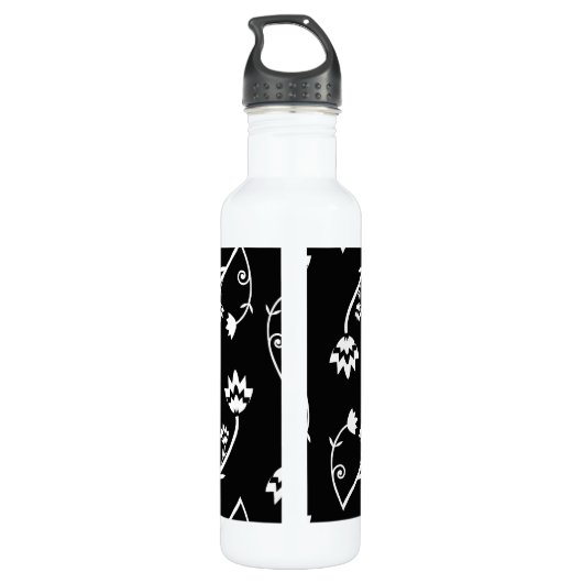 Retro zwarte witte bloemen waterfles  (Achterkant)