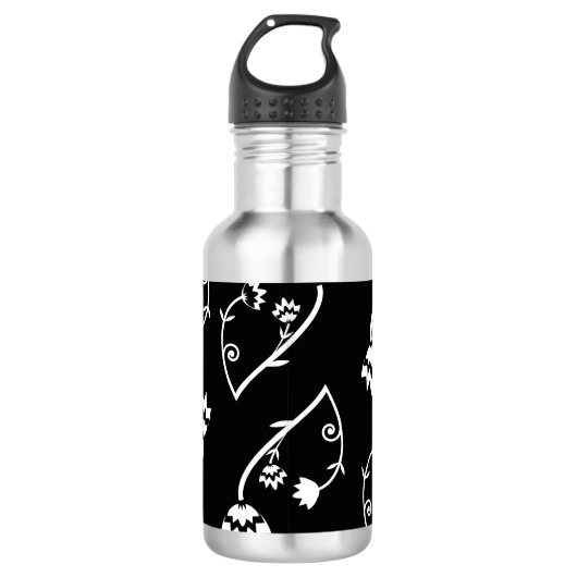 Retro zwarte witte bloemen waterfles (Voorkant)