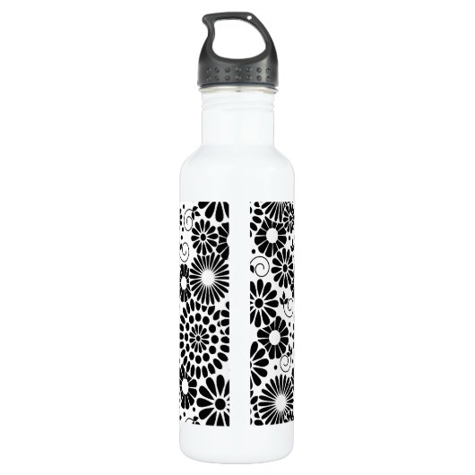 Retro zwarte witte bloemen waterfles (Achterkant)