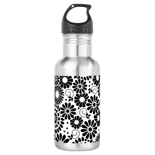 Retro zwarte witte bloemen waterfles (Voorkant)