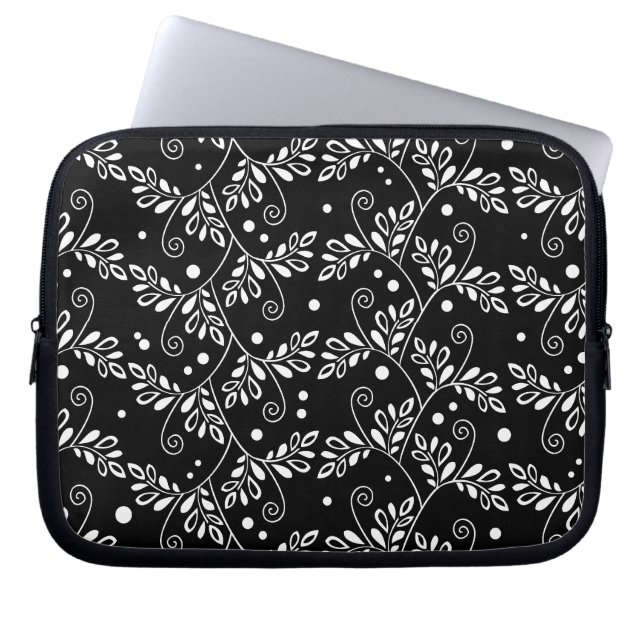 Retro zwarte witte florale laptophoes laptop sleeve (Voorkant)