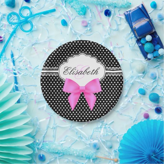Retro zwarte witte polka stit roze boogmonogram papieren bordje (Feest)