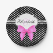 Retro zwarte witte polka stit roze boogmonogram papieren bordje (Voorkant)
