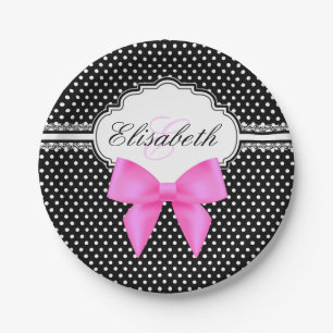 Retro zwarte witte polka stit roze boogmonogram papieren bordje