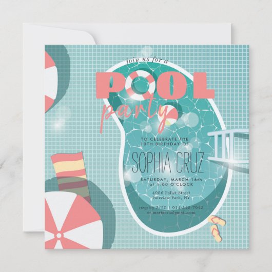 Retro zwembadfeest verjaardagsuitnodiging (Voorkant)