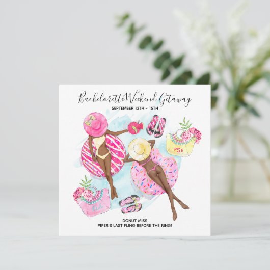 Retro zwembadmeisjes vrijgezellenfeest strandweeke save the date (Staand voorkant)