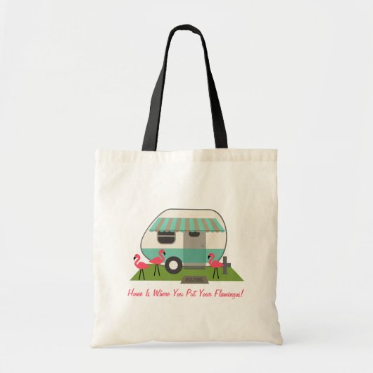Retroaanhangwagen met roze flamingos - startpunt i tote bag (Voorkant)