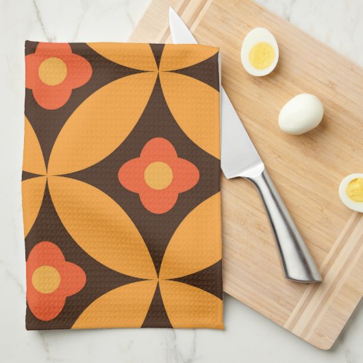 Retrobloem in cirkels uit de midden eeuw oranje theedoek (Quarter Fold)