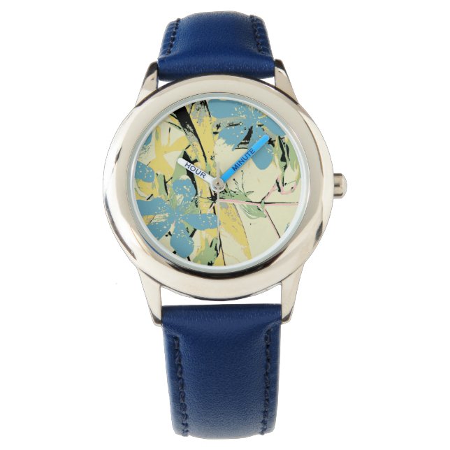 Retrobloemen (blauw en geel) horloge (Voorkant)