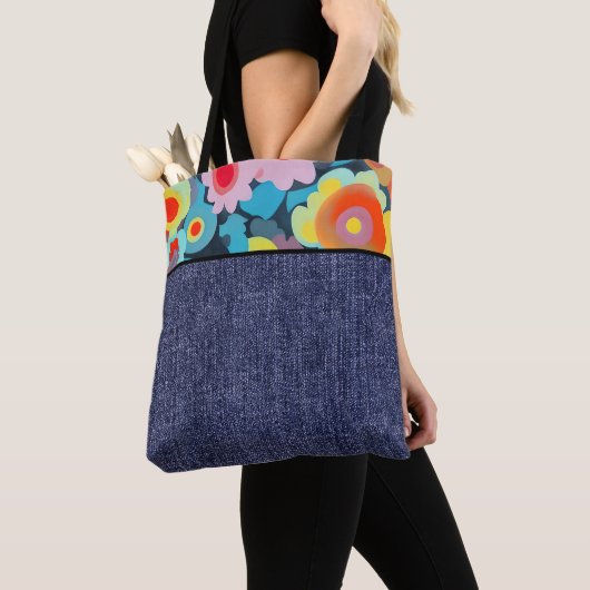 Retrobloemen en denim tote bag (Dichtbij)