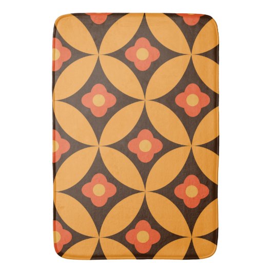 Retrobloemen op oranje cirkels uit het midden van badmat (Voorkant Verticaal)