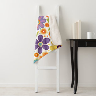 Retrobloemen Sinaasappel Lila Groen Sherpa Deken