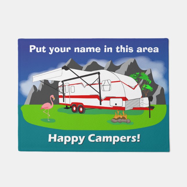 Retrocaravan doormat, rood, tweeassig, 18 x 24 inc deurmat (Voorkant)