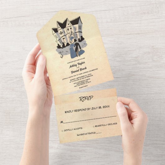 retrocessie oude paarse huwelijksweddenschap all in one uitnodiging (Afscheurbaar)