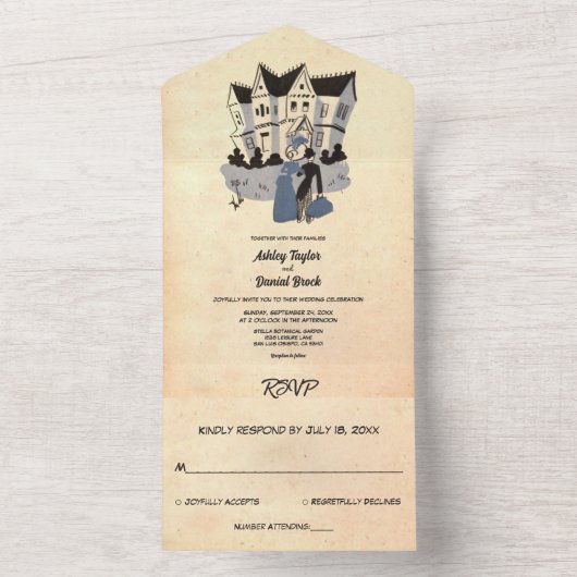  retrocessie oude paarse huwelijksweddenschap all in one uitnodiging (Binnen)