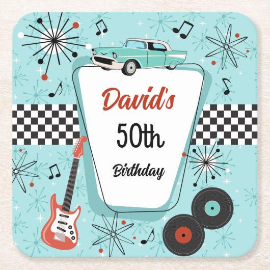 Retrofeest jaren 50 kartonnen onderzetters (Voorkant)