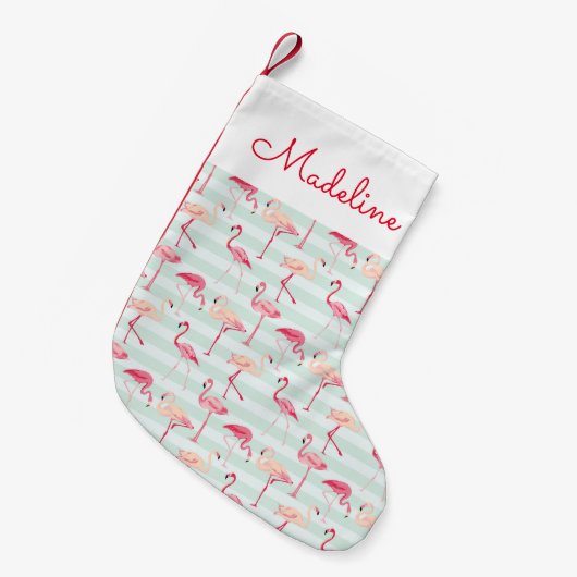 Retroflamingos op mintstrips | Jouw namen toevoege Kleine Kerstsok (Voorkant (Hangend))