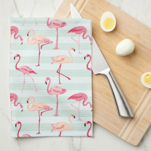Retroflamingos op mintstrips theedoek (Quarter Fold)
