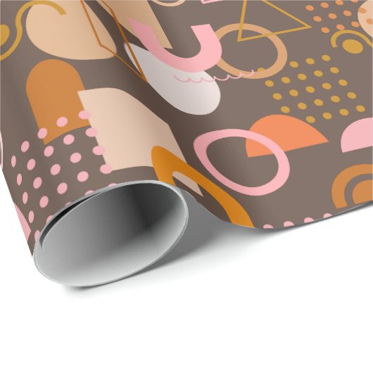 Retrogeometrische vormen in bruin roze en Oranje Cadeaupapier (Rol Hoek)