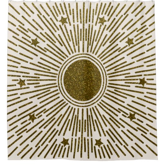 Retroglitter, gouden zon met roggen douchegordijn (Voorkant)