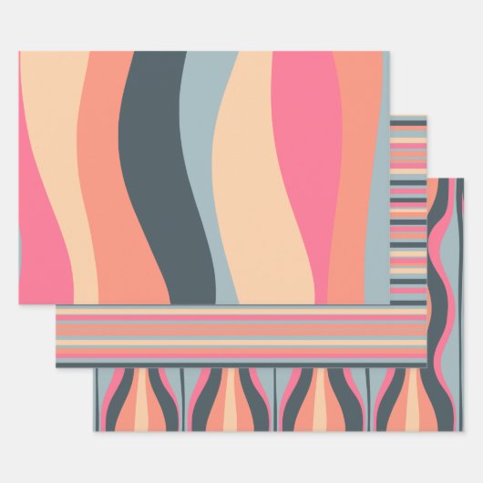 Retrogolven en stripes roze abrikozenblauw inpakpapier vel (Set)