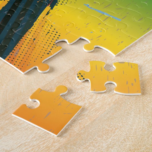 Retrogramophon op de achtergrond met regenboogkleu legpuzzel (Zijkant)