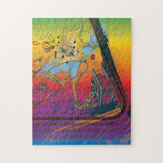 Retrogramophon op de achtergrond met regenboogkleu legpuzzel (Verticaal)