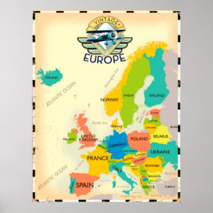 Retrokaart van Europa. Poster