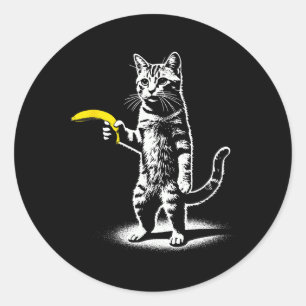 Retrokat met banaan meme Mannen vrouwen Kinder nie Ronde Sticker