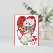 Retrokat met bloemen Valentijnsdag Feestdagenkaart (Staand voorkant)