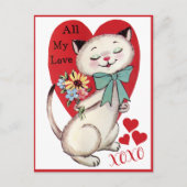 Retrokat met bloemen Valentijnsdag Feestdagenkaart (Voorkant)