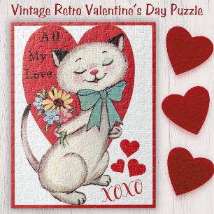  Retrokat met bloemen Valentijnsdag Legpuzzel