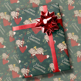 Retrokatten in kousen Meowy Kerstmis  Cadeaupapier