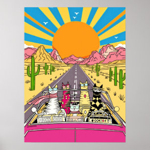 Retrokatten op vakantie gaan op een wegtrip poster