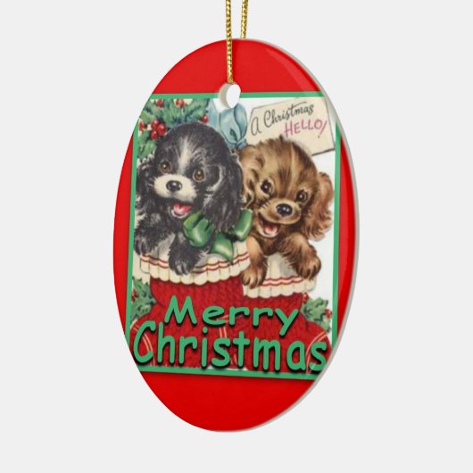 RetroKerstmisPuppies-CERAMIC Oval Ornament (Links)
