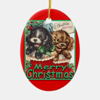 RetroKerstmisPuppies-CERAMIC Oval Ornament