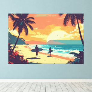 retrokunst surfers op het strand canvas afdruk