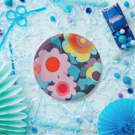 Retromod bloemen papieren bordje (Feest)