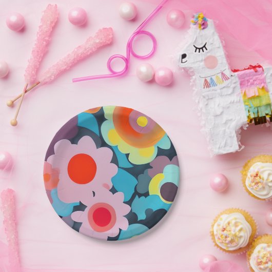 Retromod bloemen papieren bordje (Feest)