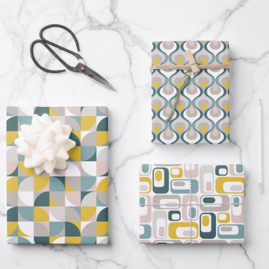 RetroMod Patterns Aqua Teal Blue Blush Pink Yellow Inpakpapier Vel (Voorkant)