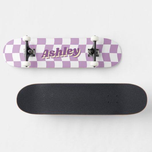 Retronaam Girly Paarse Witte Checker Patroon Persoonlijk Skateboard (Horizontaal)