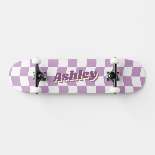Retronaam Girly Paarse Witte Checker Patroon Persoonlijk Skateboard (Horizontaal)