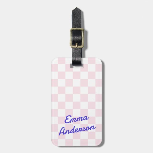 Retronaam lichtroze wit dambordpatroon bagagelabel (Voorkant verticaal)
