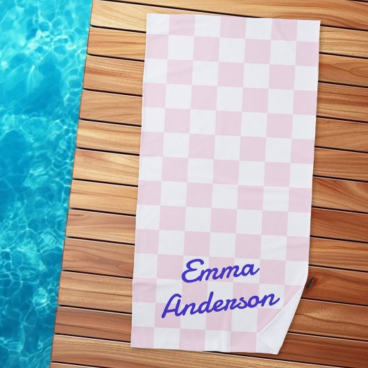 Retronaam lichtroze wit dambordpatroon strandlaken