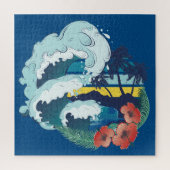 Retroontwerp van strand, palmbomen en oceaangolven legpuzzel (Verticaal)